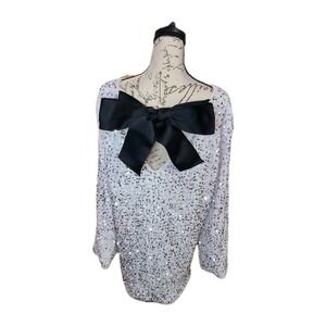 White Sequin Tunic Dress Oversized Top  Black Bow Back Glam Party Handmade OS‎